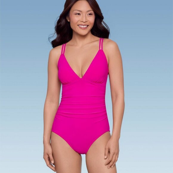 Women's UPF 50 V-Neck Shirred One Piece Swimsuit - Aqua Green Pink L - Picture 4 of 6